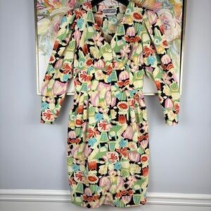 Vintage 80s Pat Argenti Boutique Floral Print Midi Dress Size 10